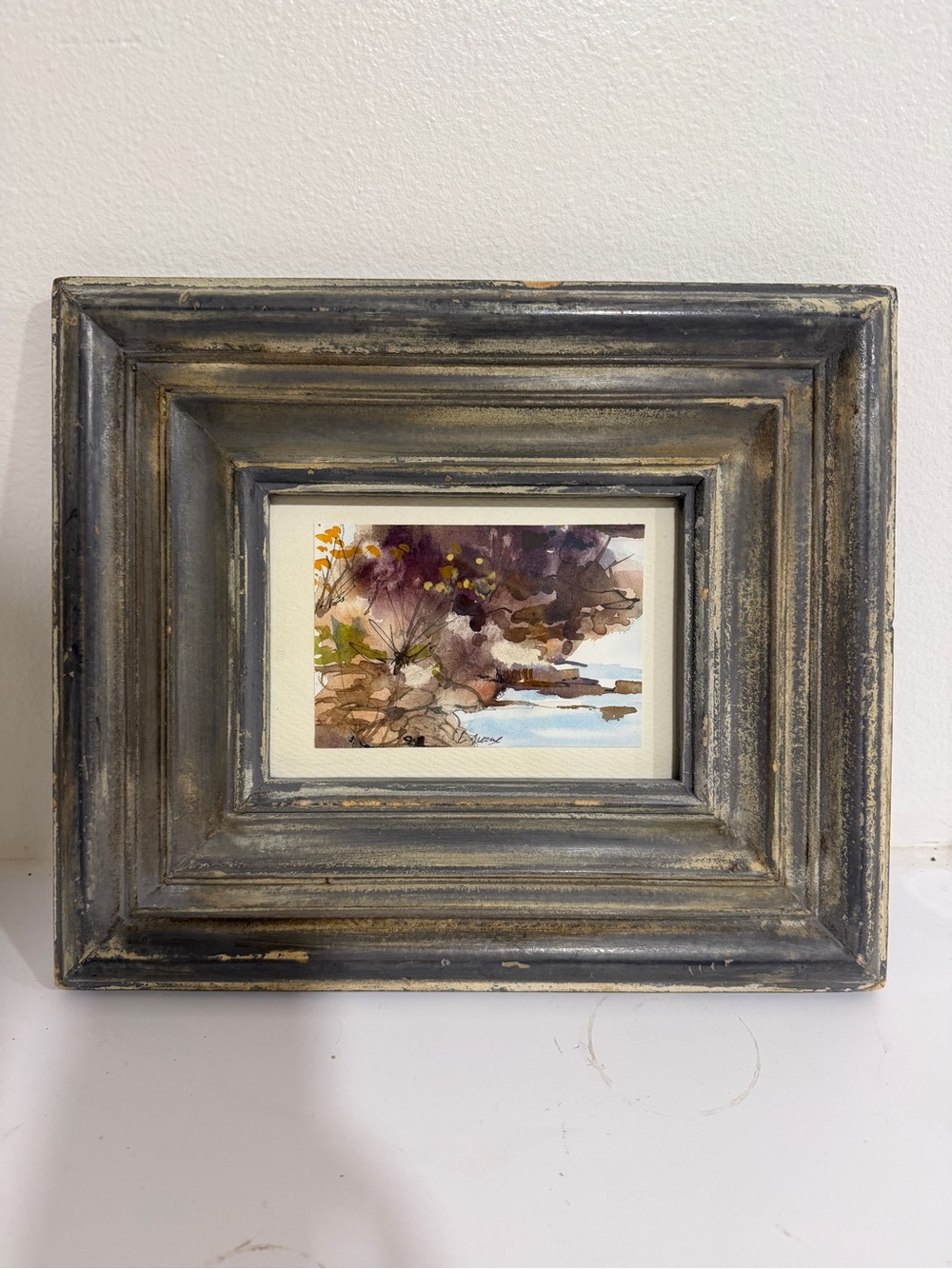 Rustic Gray Distressed Picture Frame with signed Miniature Watercolor